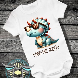Dinosaur Baby Onesie® Dino-Mite-Dude, Dinosaur, Dino, Triceratops, Baby Shower, Baby Gift, Cute Baby Clothes, Bodysuit, Trending, White