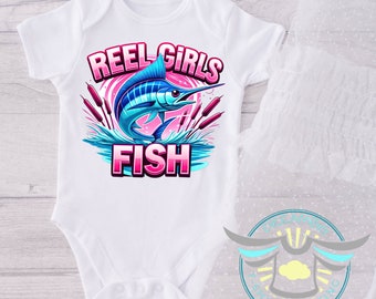 Reel Girls Fish Baby Onesie® Sailfish Fishing Baby Onesie® Baby Girl, Deep Sea Fishing, Cute Girl Fishing Apparel, Fishing Outfit, White
