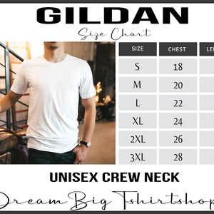 May include: A size chart for Gildan unisex crew neck t-shirts. The chart shows sizes S through 3XL with corresponding chest and length measurements in inches.