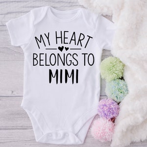 My Heart Belongs To Mimi Baby Onesie® Mimi Baby Onesies® Pregnancy Reveal, Cute Baby Clothes, Announcement, Bodysuit, Trendy, White