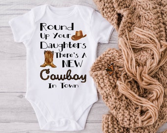 Cowboy Baby Onesie® Gender Reveal, Round Up Your Daughters There's A New Cowboy In Town Baby Onesie® Baby Announcement, Bodysuit, White