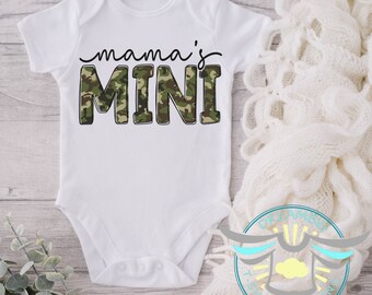 Mama's Mini's Baby Onesie® Mama's Boy, Mother Son, Mom Gift, Camo Print, Son Onesie® Baby Shower Gift, Cute Baby Boy Onesie® White