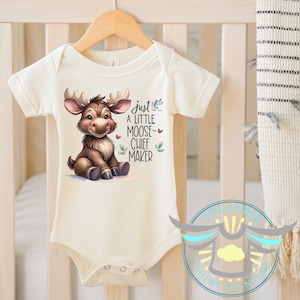 Just A Little Moose-Chief Maker Baby Onesie® Moose Baby Onesie® Mischievous, Animal Outfit, Woodland Baby Clothes, Cute Baby Outfit, Natural