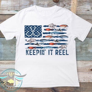 Here Fishy Tee Shirt Youth Boys Kids US Flag Catfish Fishing T-Shirt