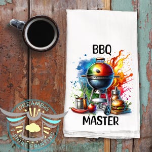 BBQ Master Kitchen Tea Towel, Father&#39;s Day Gift Towel, BBQ Gift, Chef Gift, BBQ Lover, Grilling Towel, Cooking, House Warming, Watercolor