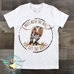 Long Horn Cattle Farm Shirt, Mess With The Bull You Get The Horns, Funny Puns, Cattle Rancher, Country Shirt, Ranch Life, Future Farmer