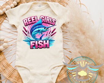 Reel Girls Fish Baby Onesie® Sailfish Fishing Baby Onesie® Baby Girl, Deep Sea Fishing, Cute Girl Fishing Apparel, Fishing Outfit, Natural