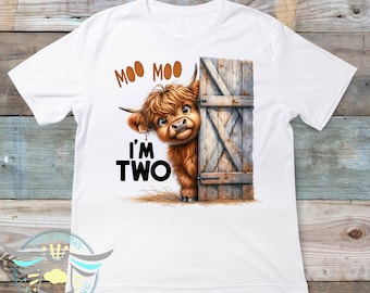 Moo Moo I'm Two Birthday Shirt, Two Year Old Birthday Shirt, Highland Cow, Farm Animal Birthday, Cute Cow Birthday Shirt, Farm Themed Party