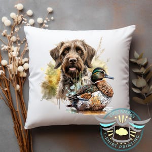 Duck Hunting Throw Pillow, German Wire Haired Pointer Dog Throw Pillow, Duck Hunting Decor, Mallard Ducks, Bird Dog, House Warming Gift