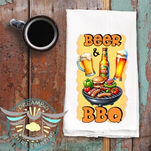 Beer & BBQ Kitchen Tea Towel, Father&#39;s Day Gift Towel, BBQ Gift, Chef Gift, BBQ Lover, Grilling Towel, Cooking, House Warming, Gift Towels