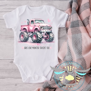 Girls Love Monster Trucks Too Baby Onesie® Monster Truck Outfit, Girls Love Trucks, Baby Shower Gift, Girls Empowerment, Baby Girl, White