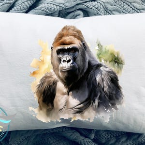 May include: A watercolor painting of a gorilla on a white pillowcase. The gorilla is looking directly at the viewer with a serious expression. The background is a soft watercolor wash of green and yellow.