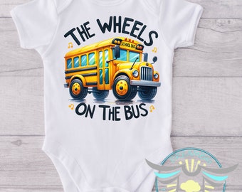 The Wheels On The Bus Baby Onesie® School Bus Onesie® Nursery Rhyme's, Infant Apparel, Baby Shower Gift, Bus Themed, Cute Baby Clothing