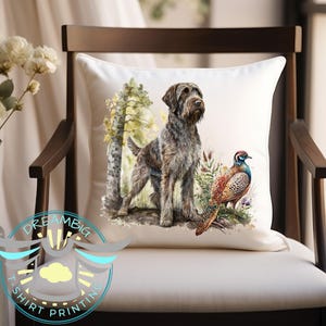 Pheasant Hunting Throw Pillow, German Wire Haired Pointer Dog Throw Pillow, Duck Hunting Decor, Bird Dog, House Warming Gift, Home Decor