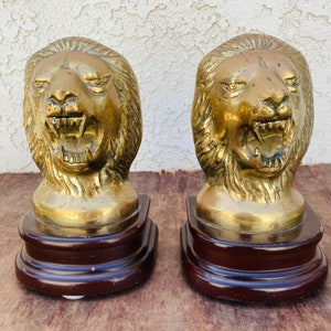 Vintage Brass Lion Bookends, Roaring Lions Figurine Set, 1980s Retro Bookends, Shelf Decor Accent Piece, Animal Lover House Gift, #CE0862
