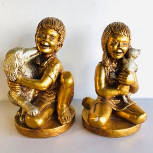 Par de grandes figuras vintage para niños y niñas con perro y gato, productos de arte progresivo de la década de 1970, bookends de estatuas retro de decoración casera, #CE0279