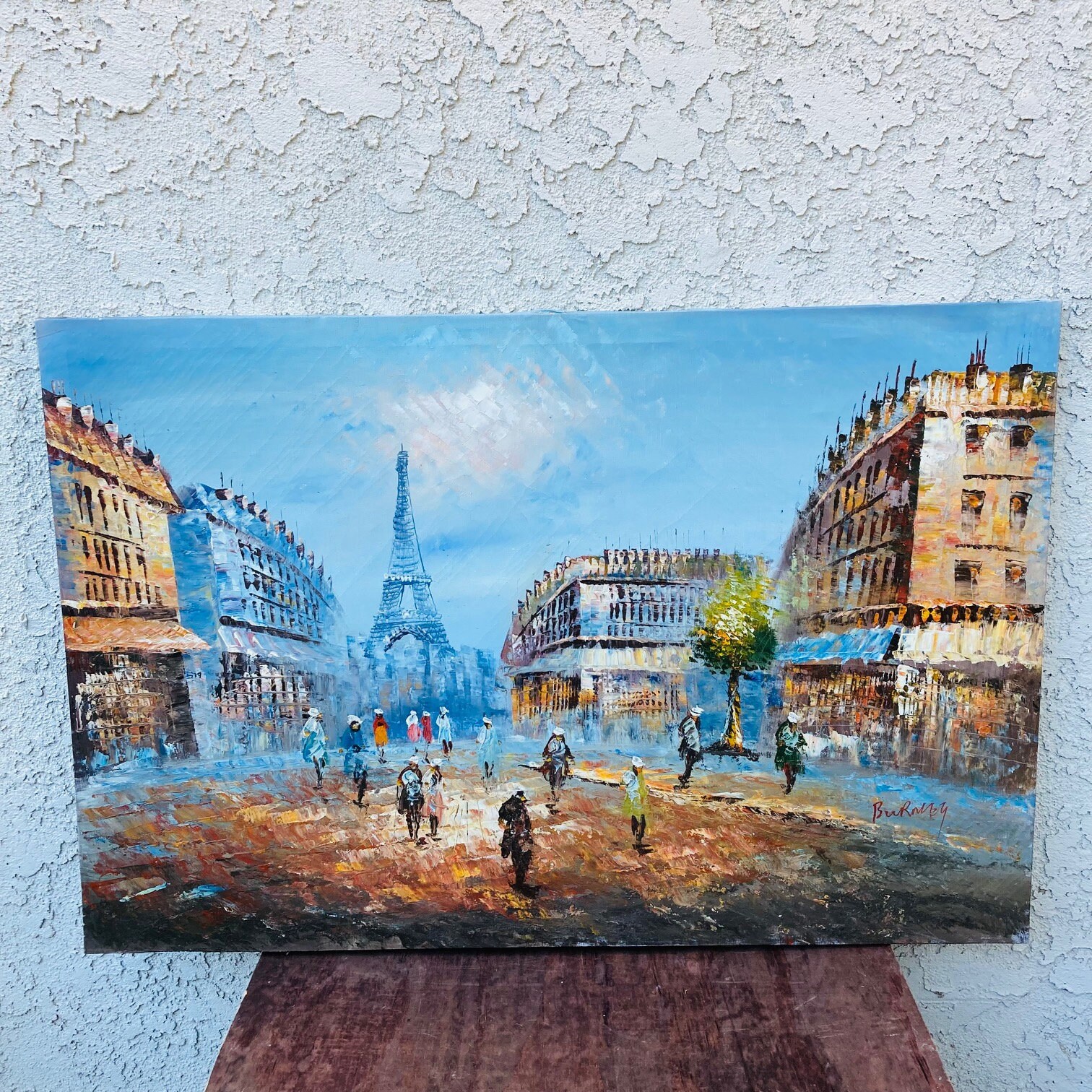 サイン入りヴィンテージパリの油絵2枚セット：エッフェル塔、パリの