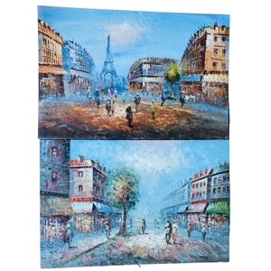 Pair of Original Paris Eiffel Tower Oil Paintings 36x24 Signed Caroline Burnett, French Vintage Artwork, Large Unframed Parisian Art CE0782r