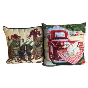 Par de almohadas vintage con diseño de perro y gato, 2 cojines decorativos, tapiz Riverdale, estilo granja, accesorio para el hogar para amantes de las mascotas, n.° CE0225