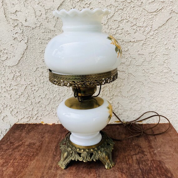 1950s White Glass Floral GWTW Style Hurricane Parlor Electric Lamp