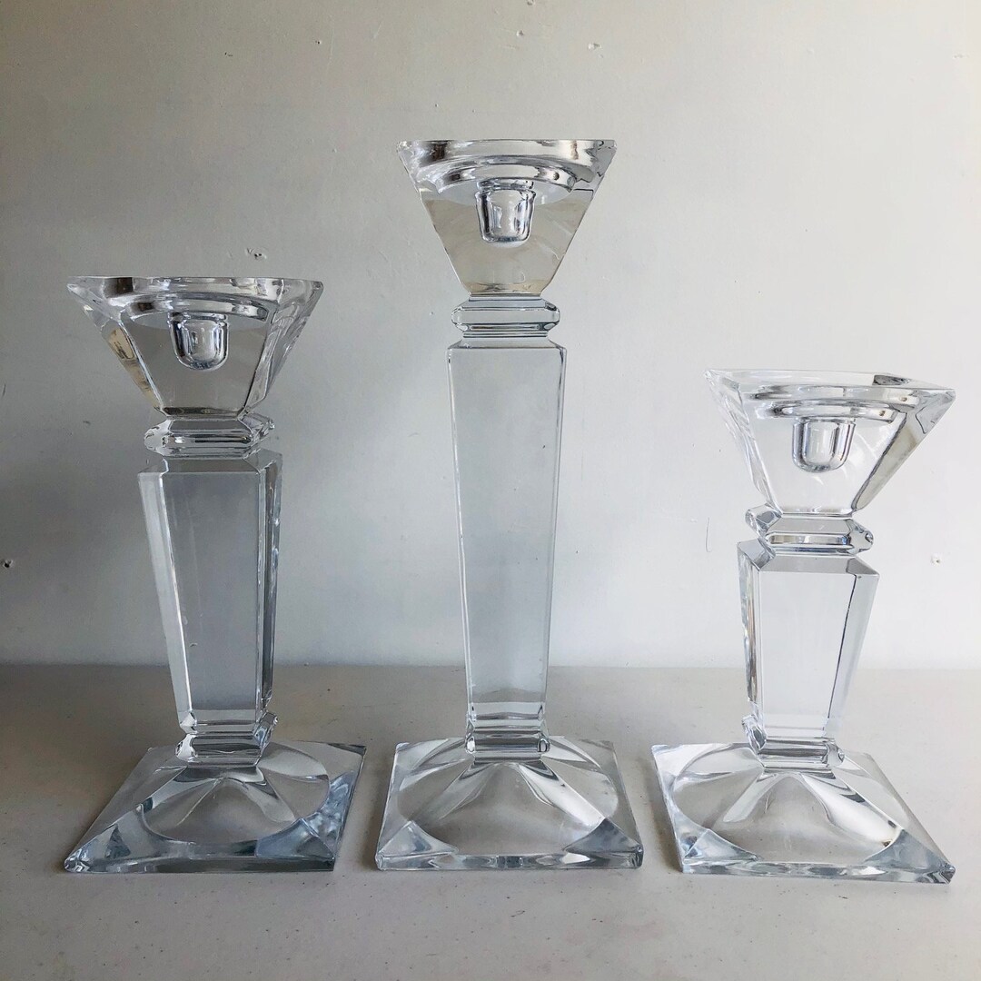 Set of 3 Very Heavy Glass Candle Holders 3 Vintage Glass Etsy