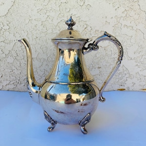 Mid Century Silver On Copper Teapot, Retro 1950s Silver Tea Coffee Pot, Vintage Lidded Pouring Jug, Ornate Accents, 8&quot; Inch Height, #CE0787
