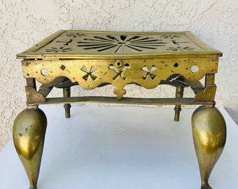 Antique Brass Fireplace Footman: 19th Century Kettle Stool with Cabriole Legs