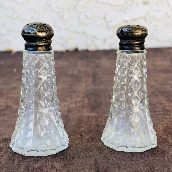 Vintage Sterling Salt and Pepper Shakers Crystal Glass, Small Antique Salt Pepper Cellars, Retro Table Decor, House Warming Gift, #CE0542