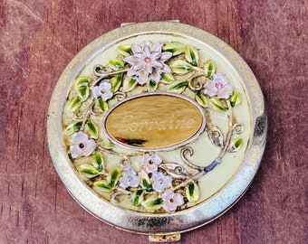 Miroir compact floral vintage, gravé « Lorraine », miroir de poche à maquillage plaqué or pour cosmétiques, cadeau rétro pour la Lorraine, # CE1008