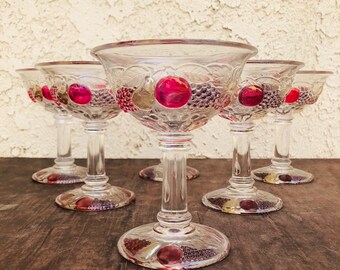 Set of 6 Vintage Long Stemmed Cocktail Glasses 1960s, Kitchen Table Dining Decor, Wine Glasses Serving, Multi Colored Glasses Fruit, #CE0383