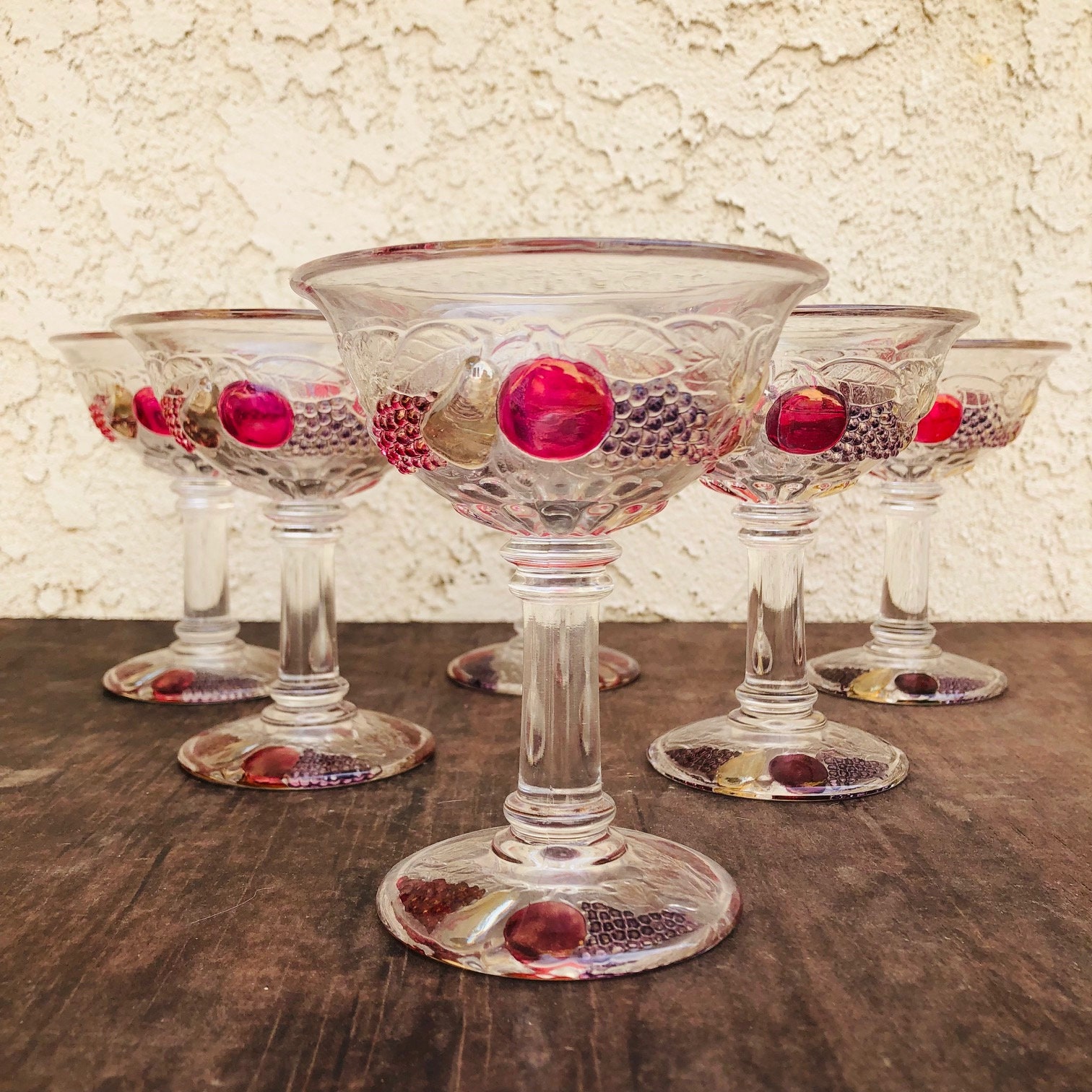 ensemble de 6 verres à cocktail vintage longue tige des années 1960, décor table cuisine, service vin, multicolores fruit, #ce0383