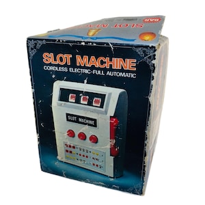 Vintage Toy Slot Machine with Original Box Made In Japan, Cordless Electric Full Automatic, 1970s, AS IS, Retro Mancave Decor Gift #0059JW