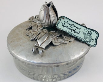 1950s Rodney Kent Covered Glass Dish, Hand Wrought Hammered Aluminum, Tulip Ribbon Bow Handle, Mid Century Vintage Tulip Candy Dish,223cejw