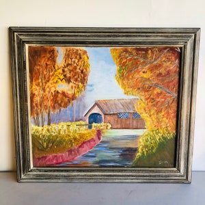 Original Primitive Americana Folk Art, Signed Vintage Painting, Rustic Country Landscape Rural Architecture, 1960s American Oil Art, CE0090r