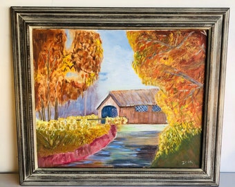 Vintage Fall Landscape Oil Painting: Signed Americana Folk Art