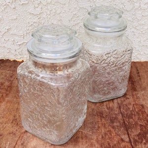 Pair of Vintage Glass Candy Condiment Jars, Kitchen Storage, Large 9&quot; Canister, Princess House Fantasia Jar, Floral Pattern Home Decor,#1007