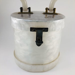 Mid Century Marble White Lucite Ladies Handbag Clutch Purse with Mirror, 1950s &quot;Pearl&quot; Basket Style Evening Bag, Retro Gift For Her, 356JW