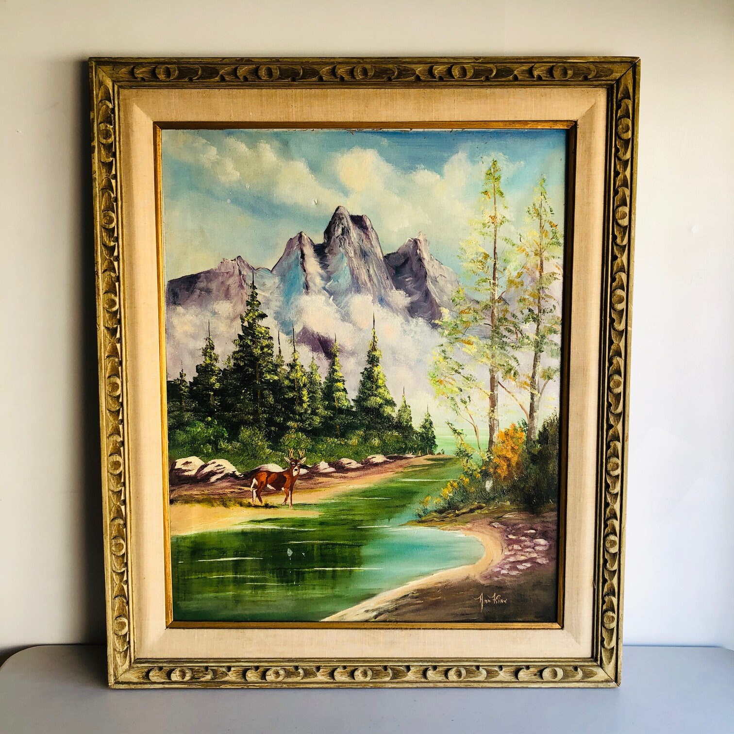 Large Original Signed Mountain Landscape Painting 37 X 31