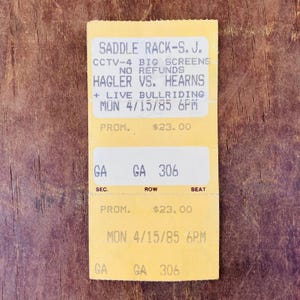 Hagler vs Hearns CCTV Ticket Stub April 1985, Boxkampf Erinnerungsstücke der 1980er Jahre im Mittelgewicht, Sattelgestell S. J. San Jose, Mancave Man Geschenk # 1147