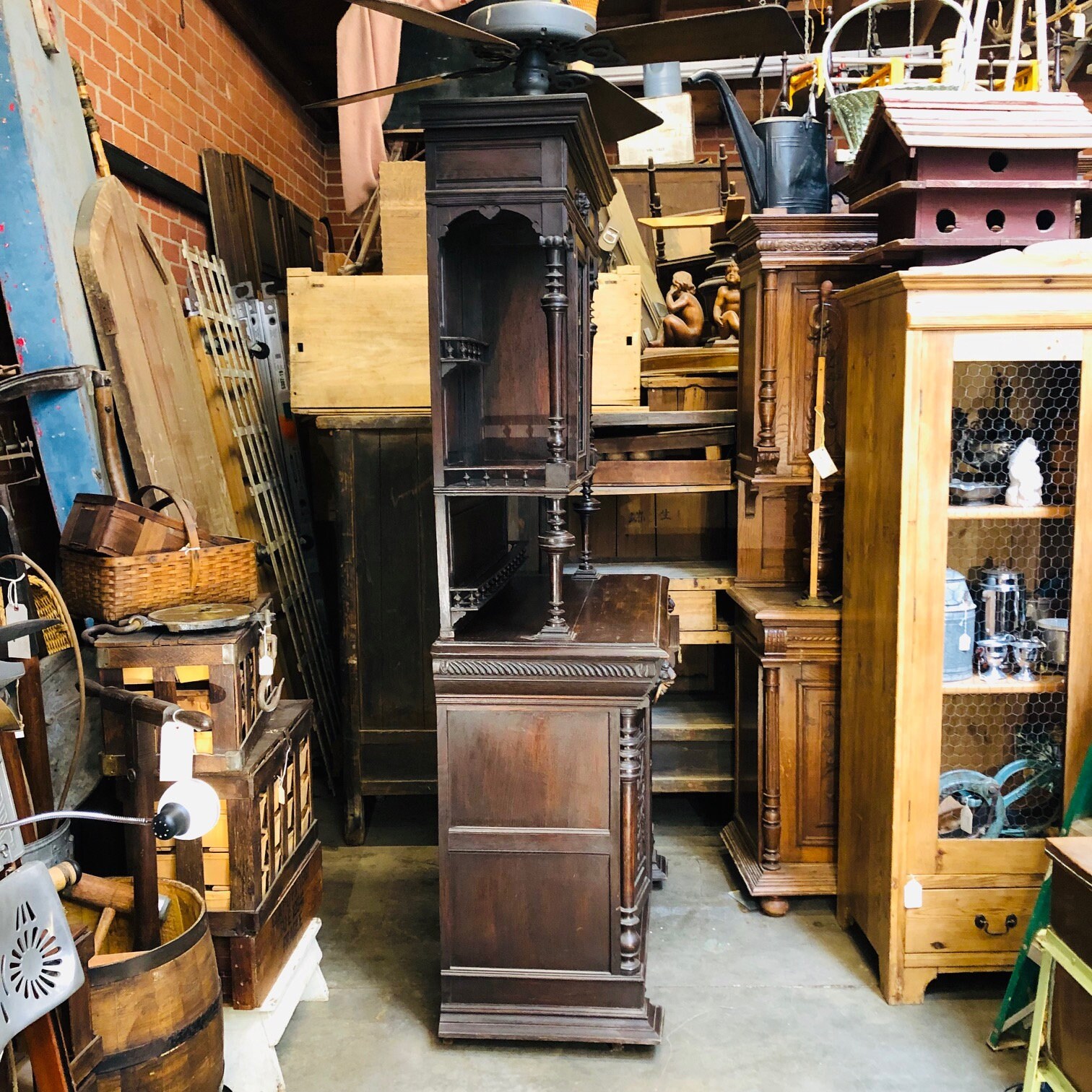 Antique Carved Oak Sideboard: Country French Leaded Glass Cabinet
