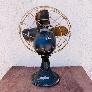 Pu&ograve; includere: Un ventilatore vintage in metallo nero con una gabbia di filo arrugginito e tre pale. Il ventilatore &egrave; su una superficie di legno.
