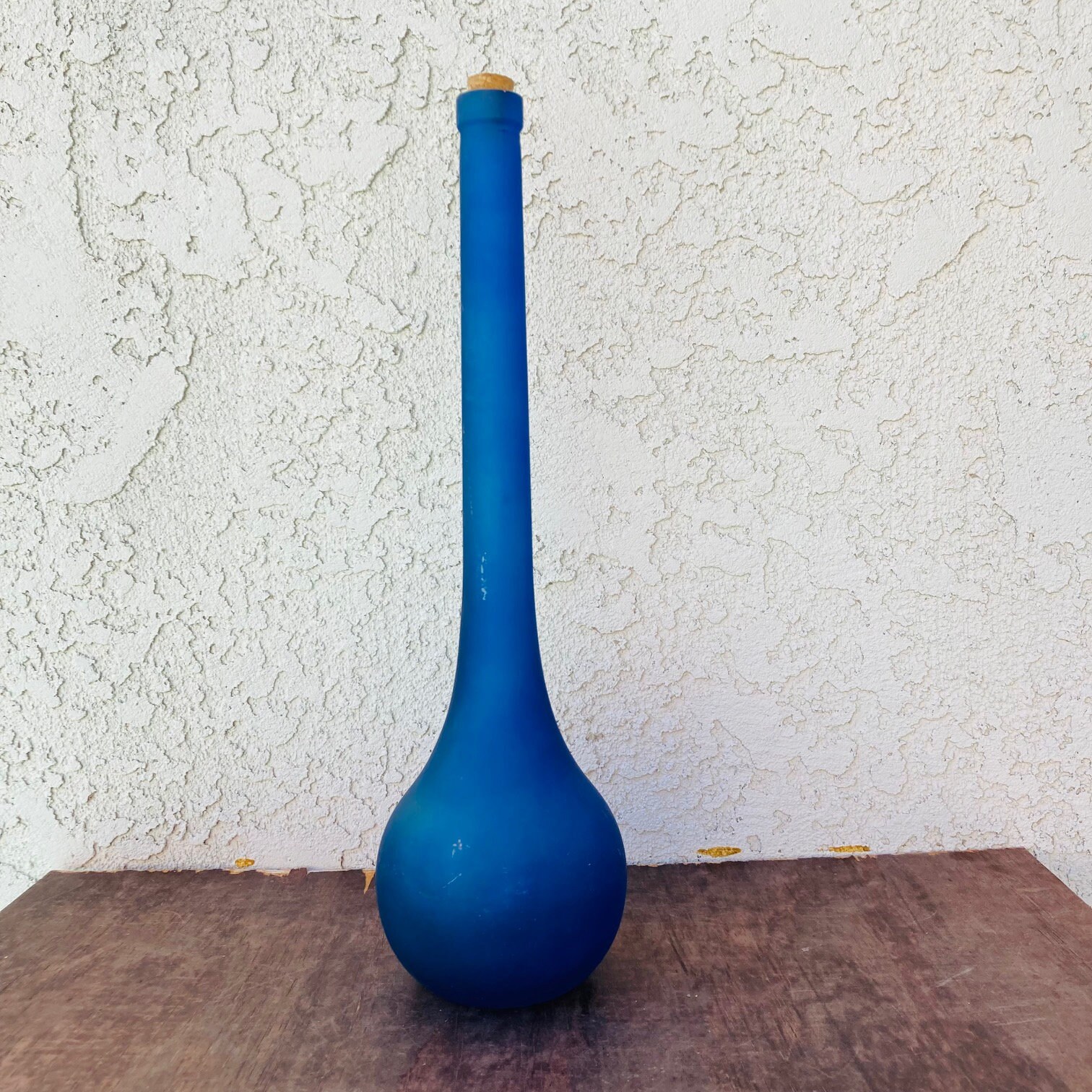 Tall Vintage Bulbous Blue Glass Bottle Retro Spanish Bottle Etsy