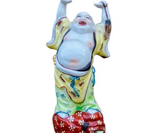 Vintage Famille Rose Porcelain Laughing Buddha Statue: Altar Decor