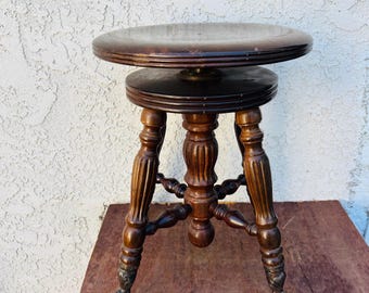 Antique Oak Swivel Piano Stool with Glass Ball Claw Feet, c1900; #CE01346