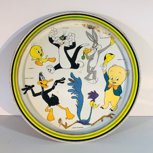 Bandeja vintage de Warner Bros. Looney Tunes, de metal, de aproximadamente 30 cm de diámetro, colección de personajes de dibujos animados de la década de 1970, n.° 07CE