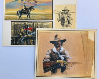 Original Cowboy Western Storyboard Art, Signed Nikita Knatz Illustration, 2 Pieces, 1970s Vintage Concept Movie Film Sketch Art, #CE0390