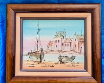 Peinture à l'huile signée de bateaux amarrés Sleepy Harbour, huile sur toile vintage originale de mer nautique sur toile encadrée, petite décoration murale art rétro, #CE0978