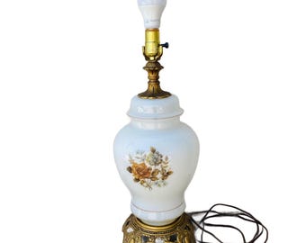 Vintage Hand Painted Floral Glass Lamp, 20 Inch Retro Lighting