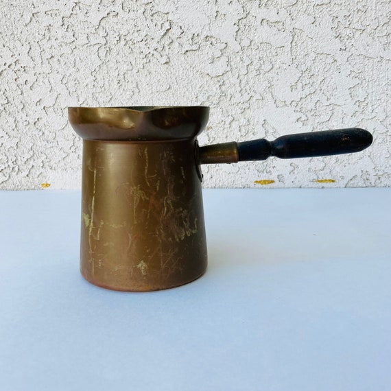Antique Melting Pot, Copper Milk Pot Warmer Wood Handle, Pour