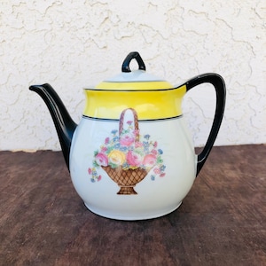Vintage Bavarian Tea Pot Coffee Pot, PM Bavaria Porzellanfabrik Moschendorf Floral Basket, Retro Tableware Drinkware, German China, #CE0617
